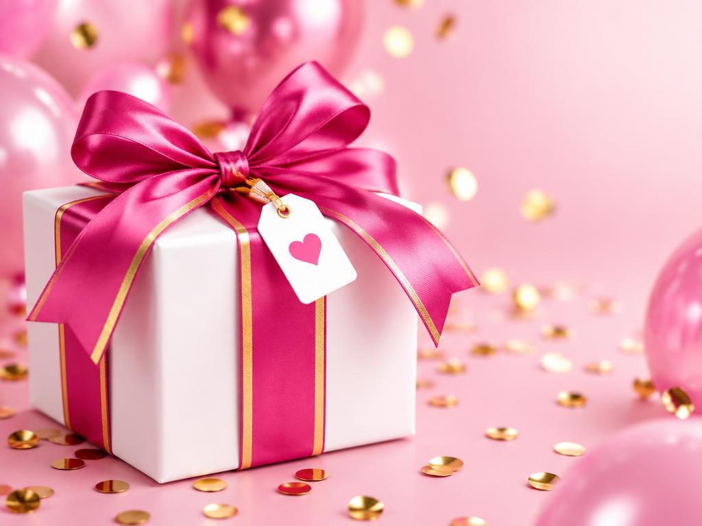 Pink wrapped welcome gift box with gold confetti